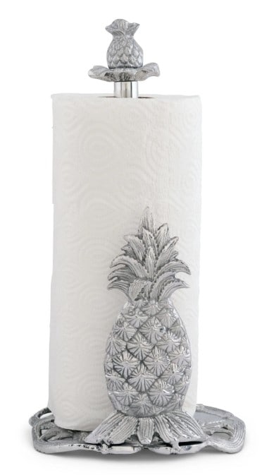 ARTHUR COURT PINEAPPLE PAPER TOWEL HOLDER NIB: Create a tropical atmosphere in your kitchen with this Pineapple Paper Towel Holder from Arthur Court. Detailed leaves erupt from the crown of a large pineapple at the base of this piece, while sucker