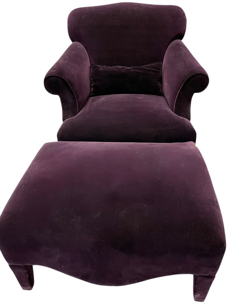 VINTAGE PURPLE VELVET LOUNGE CHAIR AND OTTOMAN: VINTAGE PURPLE VELVET LOUNGE CHAIR AND OTTOMAN -33" X 33" X 31" APPROX -14" X 29" X 22" APPROX TO OTTOMAN -VERY GOOD PRE OWNED CONDITION MINOR WEAR WITH AGE -DP22825 Local pickup appointments can be m