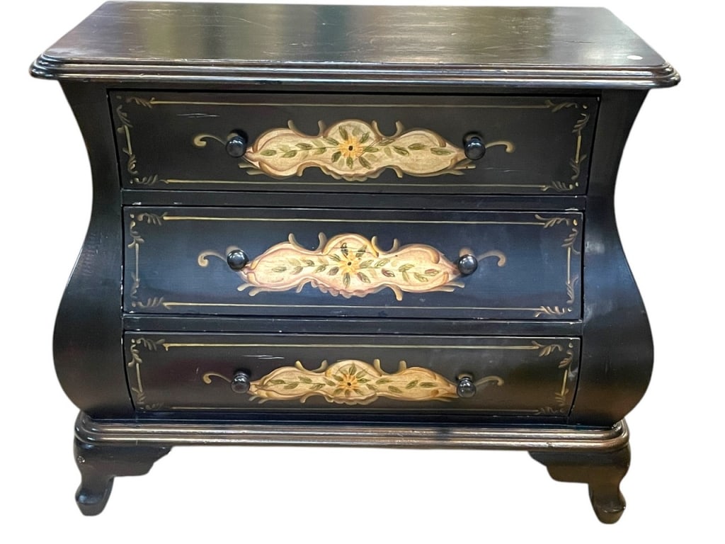 BLACK CHINOISERIE BOMBE CHEST 32" (1 of 7)