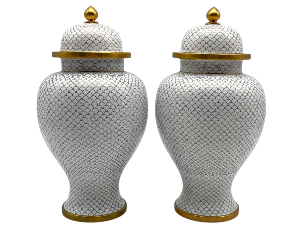 PAIR CLOISONNE WHITE & GOLD GINGER JARS 9" (1 of 6)