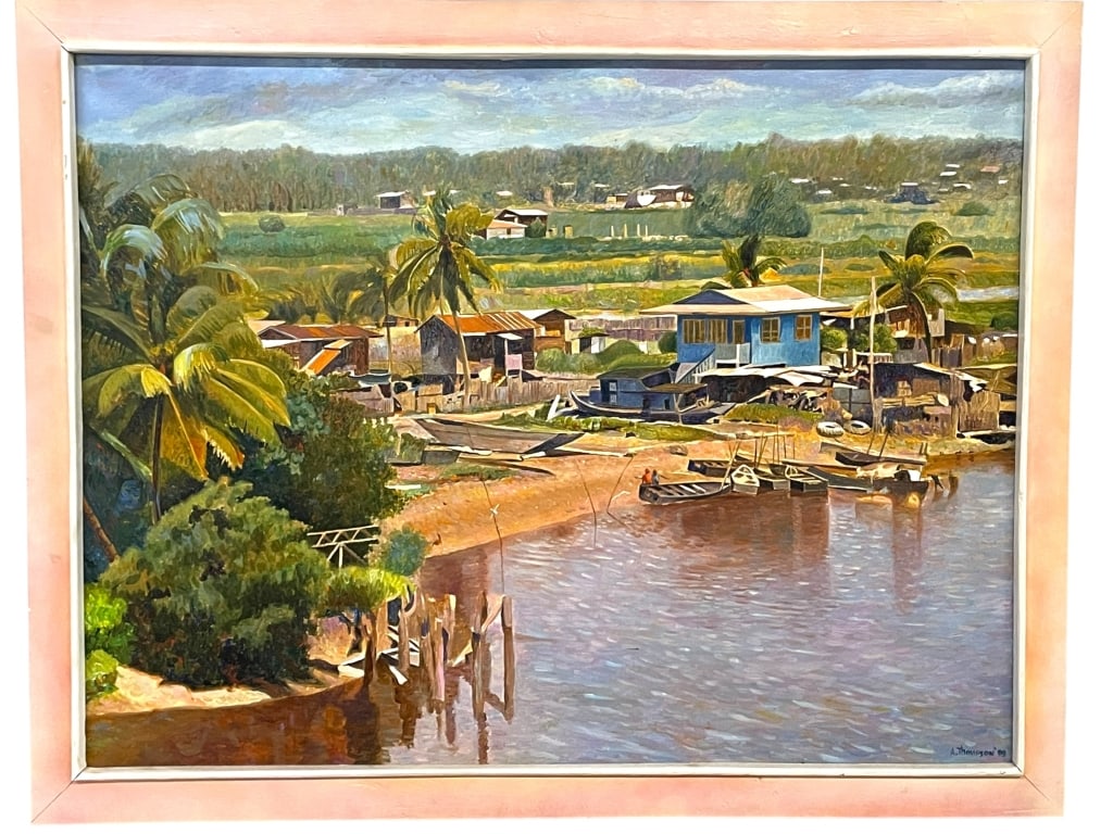 LARGE OIL PAINTING RIVERSIDE VILLAGE SCENE 32" (1 of 7)
