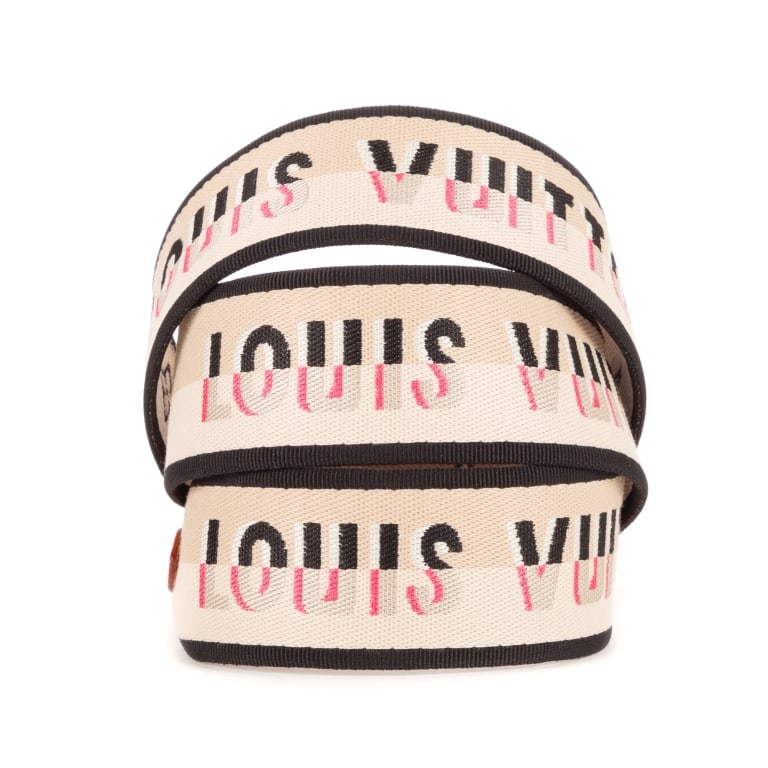 LOUIS VUITTON SIGNATURE SMALL BUCKLE CANVAS STRAP: LOUIS VUITTON SIGNATURE SMALL BUCKLE CANVAS STRAP PINK/BEIGE SIGNATURE CANVAS DIMENSIONS: 37.4x1.6 IN CONDITION RATING: N EAH1234 SP031025 
