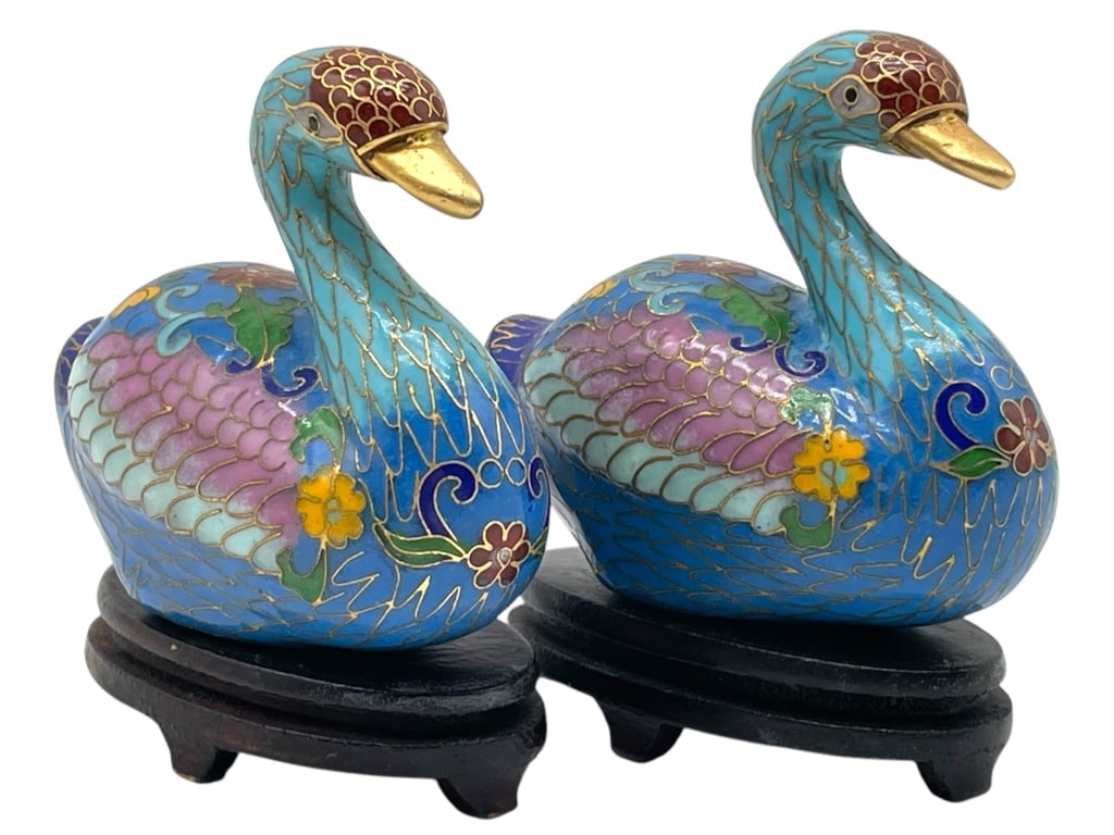 PAIR OF VINTAGE SWAN GEESE CLOISONNE FIGURINES 3" (1 of 5)