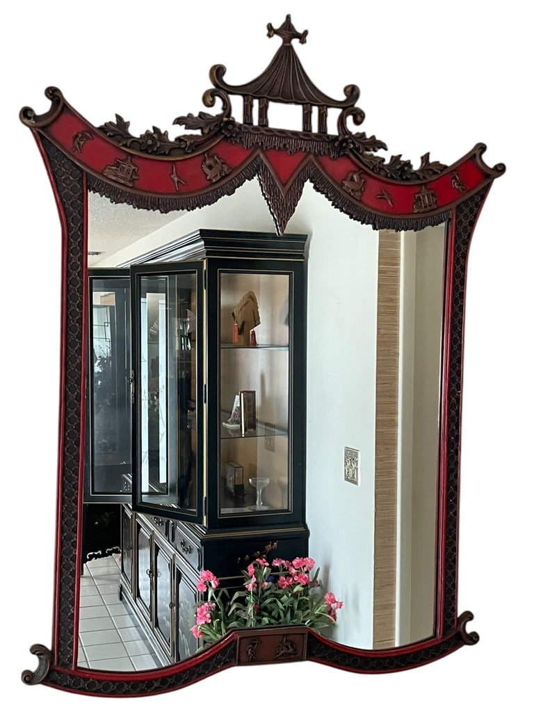 CHIOISERIE RED LACQUERED WOODEN MIRROR 48" (1 of 6)