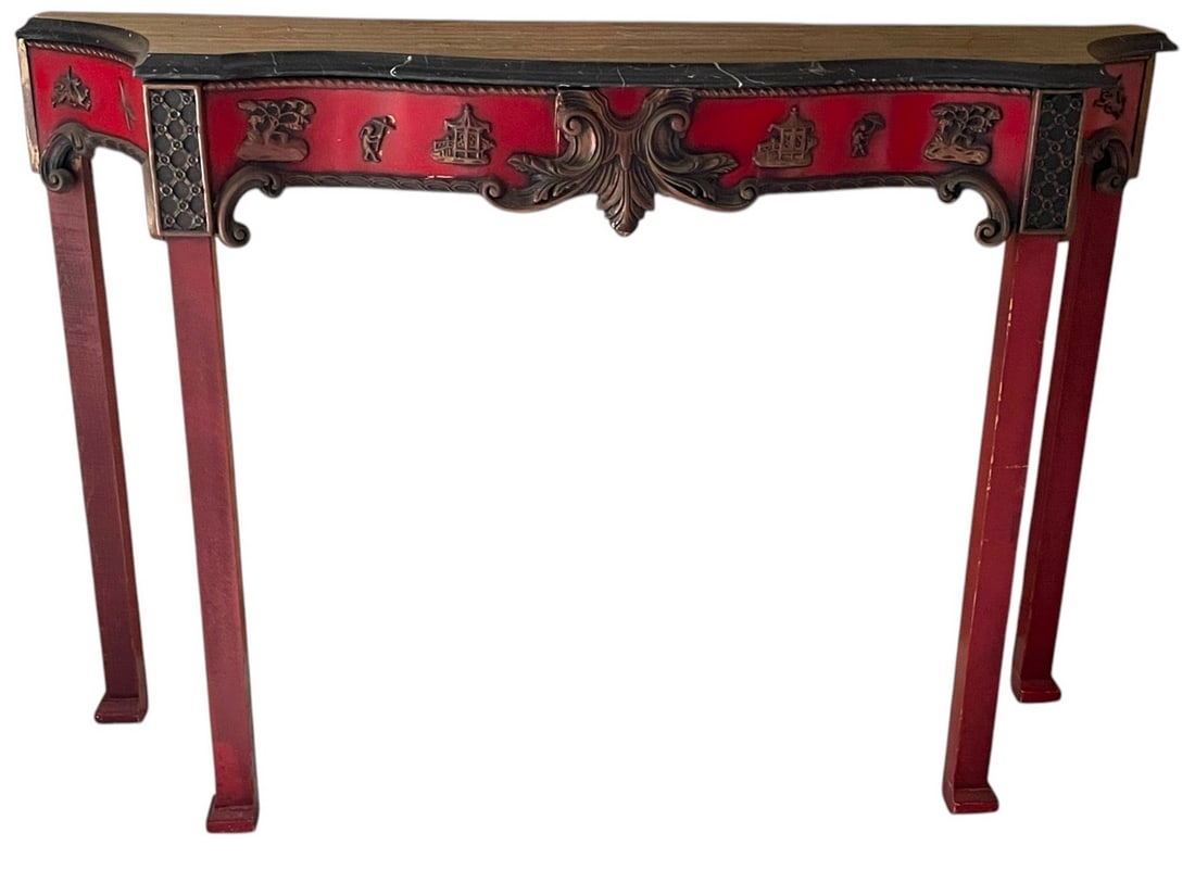 CHINOISERIE RED LACQUERED WOODEN CONSOLE TABLE 48" (1 of 8)