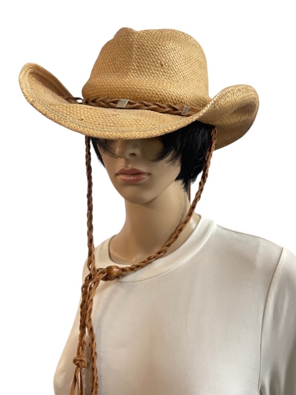 SHADY BRADY NEUTRAL HAT WITH TAN STRAP: SHADY BRADY NEUTRAL HAT WITH TAN STRAP - GOOD PRE OWNED CONDITION - NEUTRAL COLOR HAT FEATURES TAN SUADE BAND AND BRAIDED STRAP - SIZE LARGE - APPROX BRIM 3.5" - KW313