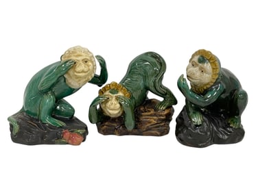 MAJOLICA STYLE SET OF 3 MONKEY FIGURINES