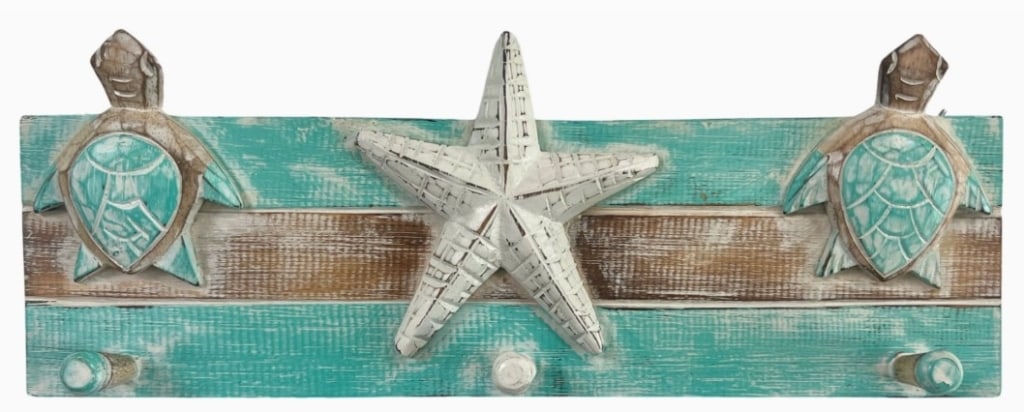 NEW!AQUA TURTLE AND STARFISH PEG HANGER 16.25": Aqua Turtle & Starfish Peg Hanger -Our wooden Sea Turtle and Starfish peg hanger features three pegs and is hand carved and painted. 16.25” x6”