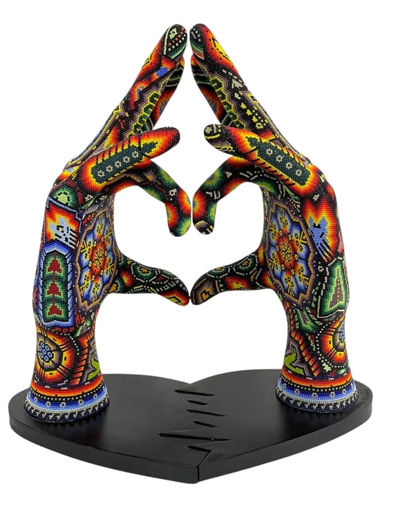 CHROMA HUICHOL BEADED HAND HEART SCULPTURES 16"