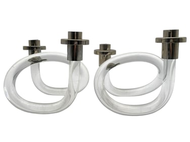 PAIR OF VINTAGE LUCITE & SILVER CANDLESTICKS 7.5"