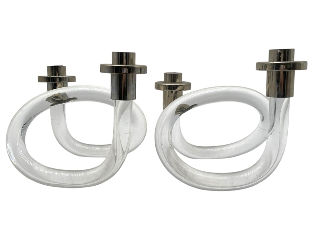 PAIR OF VINTAGE LUCITE & SILVER CANDLESTICKS 7.5" (1 of 4)