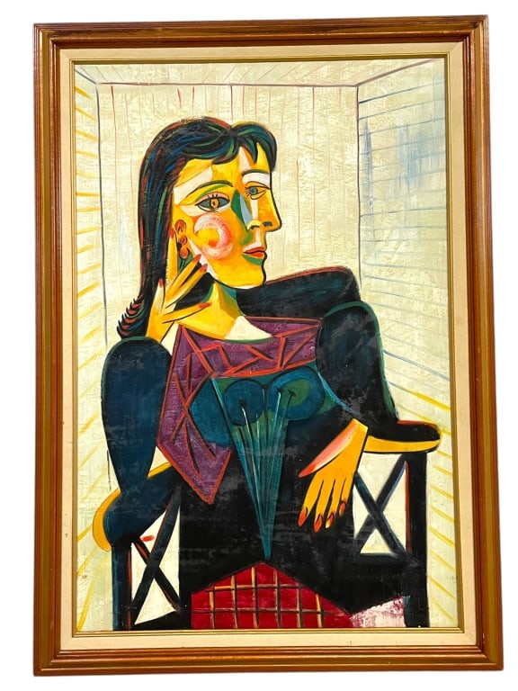 AFTER PABLO PICASSO PORTRAIT OF DORA MAAR 40.5": AFTER PABLO PICASSO PORTRAIT OF DORA MAAR OIL PAINTING, IN THE MANNER OF PABLO PICASSO -40.5" X 29" APPROX TO FRAME -PABLO PICASSO'S "PORTRAIT OF DORA MAAR," PAINTED IN 1937, IS A CUBIST OIL ON CANVAS