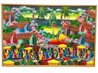 LARGE EXPRESSIONIST VILLAGE OIL  PAINTING 55"