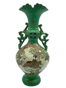 JAPANESE SATSUMA-STYLE GREEN GLAZED VASE 12"