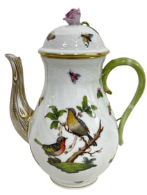 HEREND ROTHSCHILD BIRD COFFEE POT W PINK ROSE LID