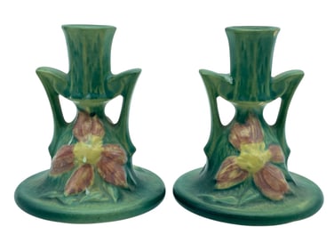 ROSEVILLE POTTERY CLEMATIS CANDLESTICKS 5"
