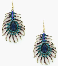 NEW! EYECANDY CRYSTAL PEACOCK FEATHER DROP EARRING