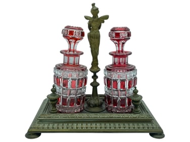 RED CRYSTAL DECANTER SET IN BRONZE STAND 10"