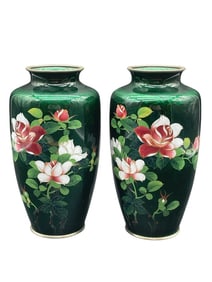 CLOISONNE STYLE PAIR OF GREEN FLORAL VASES 8"