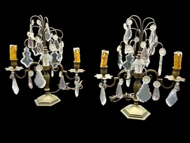 FRENCH BRASS & CRYSTAL CANDELABRA LAMPS 14"