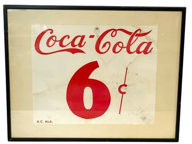COCA-COLA 6 CENT CARDBOARD SIGN FRAMED 18.5"