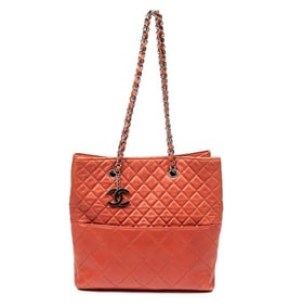 CHANEL CC CHARM ORANGE QUILTED LAMBSKIN TOTE