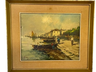 MANNER OF G. PASINI HARBOR OIL PAINTING 16"