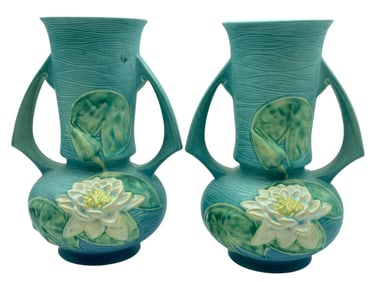 ROSEVILLE POTTERY WATER LILY BLUE VASES 12"