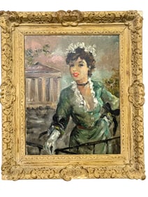 VINTAGE OIL ON CANVAS FRENCH WOMAN PORTRAIT 27"