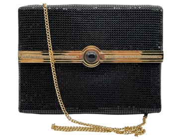 WHITING & DAVIS BLACK MESH AND GOLD EVENING BAG