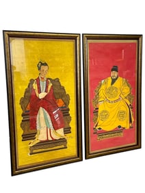 1960S ASIAN EMPEROR & EMPRESS FRAMED PAINTINGS 61"
