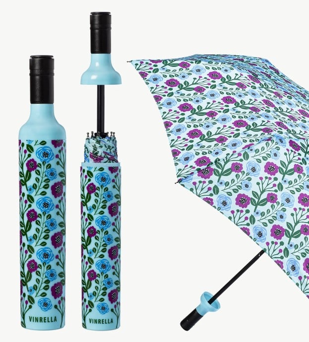 NEW! VINRELLA FLORAL FANTASY BOTTLE UMBRELLA: NEW! VINRELLA FLORAL FANTASY BOTTLE UMBRELLA -CALM, COZY, BRIGHT AND FUN ALL AT THE SAME TIME, THIS CLASSIC YET FRESH DESIGN IS A PERFECT ACCESSORY TO BOTH A CASUAL LUNCH DATE OR A CLASSY GATHERING. A