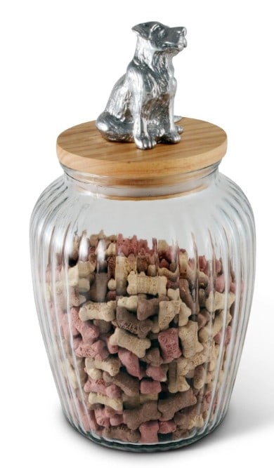 NEW IN BOX ARTHUR COURT DOG TREAT JAR: Lovely glass jar is topped with an environmentally sustainable Acacia wood lid. Detailed metal art in aluminum, a cute pup waiting for a treat, tops the jar. A premium silicone sealing ring with an ai
