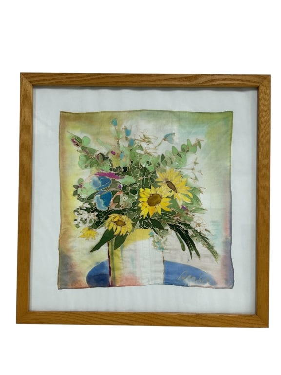 ORIGINAL HAND-PAINTED SILK BATIK ART – VIBRANT FLD: - ORIGINAL HAND-PAINTED SILK BATIK ART – VIBRANT FLORAL BOUQUET SIGNED - A BEAUTIFULLY CRAFTED AND CHEERFUL PIECE—PERFECT FOR BRIGHTENING UP ANY MODERN, BOHO, OR BOTANICAL-THEMED SPACE. - GOOD CON