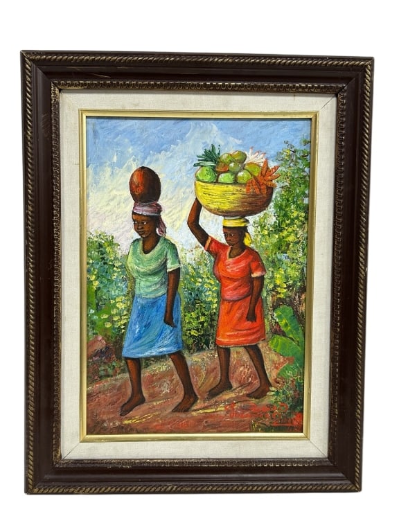 VINTAGE CARIBBEAN FOLK ART OIL PAINTING: - VINTAGE CARIBBEAN FOLK ART OIL PAINTING – WOMEN WITH MARKET BASKETS - A LIVELY AND HEARTWARMING PIECE, PERFECT FOR COLLECTORS OF FOLK ART, CARIBBEAN CULTURE, OR COLORFUL GLOBAL DÉCOR. - EXCELLENT