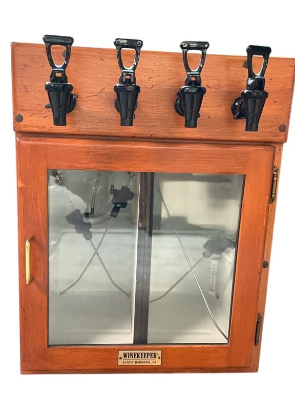 WOODEN WINEKEEPER WINE REFRIGERATOR 26": VINTAGE WOODEN WINEKEEPER WINE DISPENSER REFRIGERATOR – SANTA BARBARA, CA – VINTAGE WINE DISPENSING COOLER BY WINEKEEPER – SANTA BARBARA, CA – CLASSIC WOODEN CABINET WITH BRASS HANDLE AND DUAL