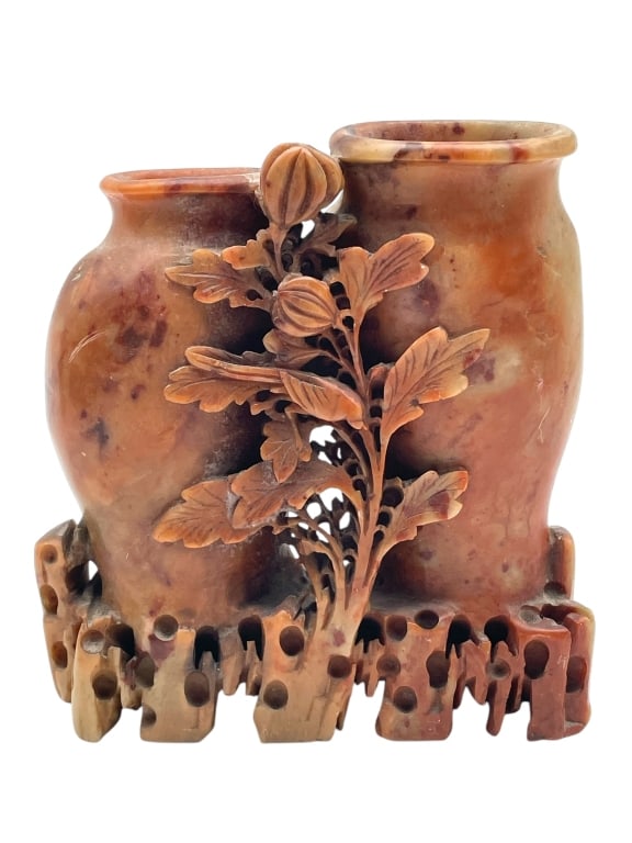 CHINESE CARVED SOAPSTONE DOUBLE VASE 5.5" (1 of 6)