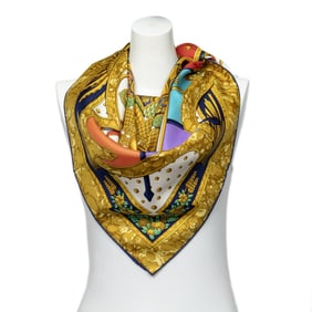 HERMES CARPE DIEM SILK SCARF GOLD/BLUE/WHITE