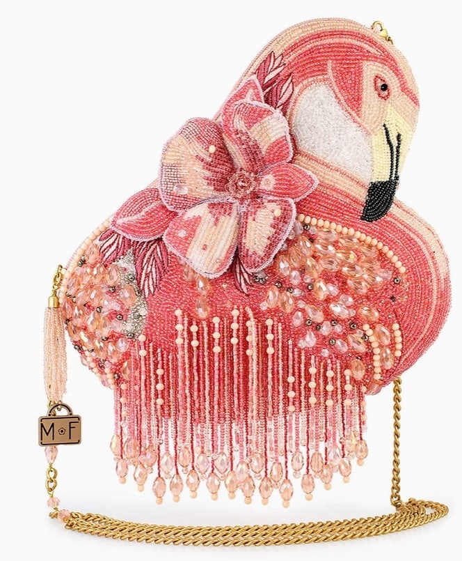 NEW! MARY FRANCES A LEG TO STAND ON CROSSBODY: A Leg To Stand On Pink Flamingo Beaded Crossbody Handbag With its dazzling pink beadwork and cascading fringe, A Leg to Stand On Flamingo Crossbody's unique design and shimmering details make it a sta