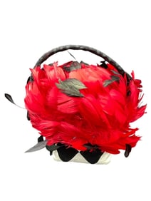 SMALL HANDBAG WITH RED FEATHERS AND ARGYLE PRINT