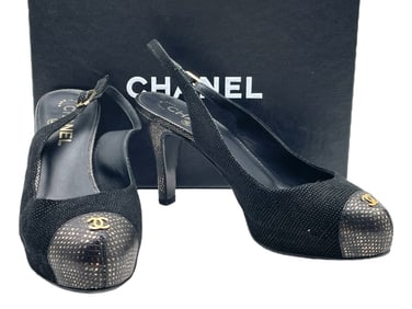 CHANEL BLACK & GOLD TWEED SLINGBACK PUMPS SZ 38