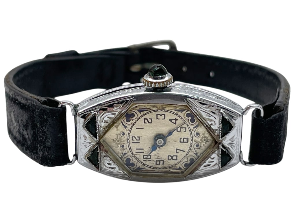 VINTAGE SILVER WATCH W/ BLACK LEATHER BAND: VINTAGE SILVER WATCH W/ BLACK LEATHER BAND & GREEN GEMS -GOOD PRE OWNED CONDITION, SOME WEAR FROM AGE -APPROX 8" -JA 021925 ***Please note that due to limited storage space, all items must be picked u