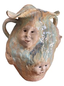 UNIQUE CERAMIC SCULPTURAL VESSEL W/ FACES 22"