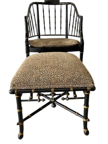 BAKER BLACK & GOLD FAUX BAMBOO CHAIR WITH OTTOMAN