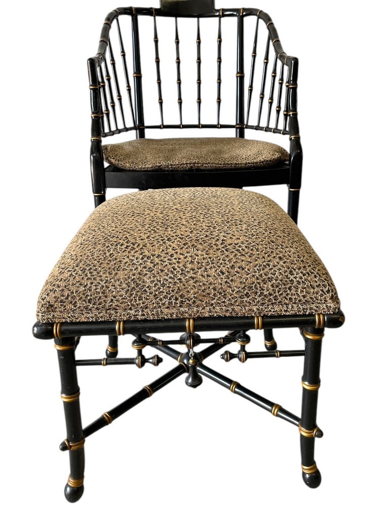 BAKER BLACK & GOLD FAUX BAMBOO CHAIR WITH OTTOMAN (1 of 8)