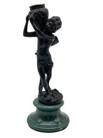 BRONZE CHERUB HOLDING JUG STATUE ON MARBLE 10"