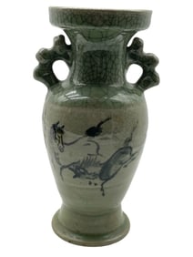 GREEN GLAZED CERAMIC VASE W/ HORSE MOTIF 10"