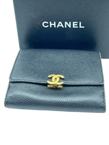 CHANEL GOLD CC BLACK CAVIAR LEATHER WALLET W BOX