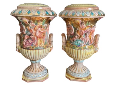 PAIR OF CAPODIMONTE ITALIAN URNS 15"