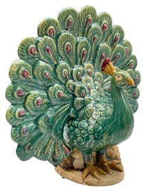 MAJOLICA STYLE CERAMIC PEACOCK VASE 12"
